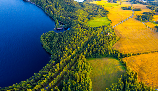 Maisema jossa järvi, metsää ja peltoa.